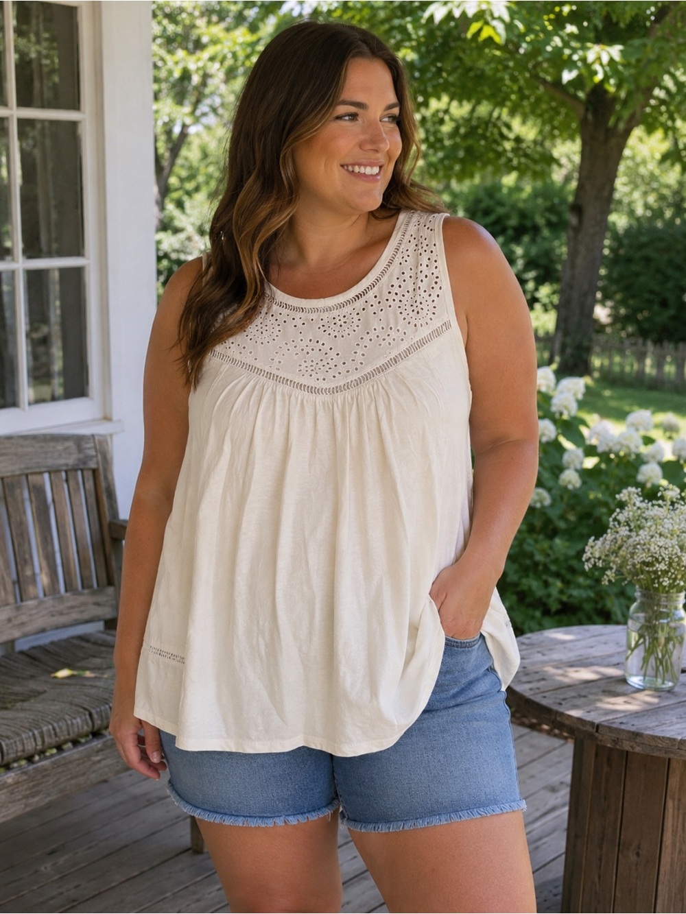 Sonoma Ivory Eyelet Lace Tank Top Large 100% Cotton Sleeveless Boho